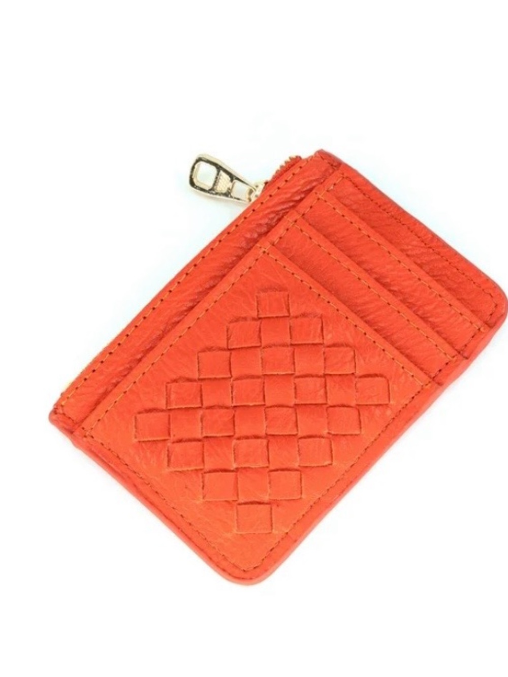 Woven Pattern Orange Leather Card & Key Zipper Holder